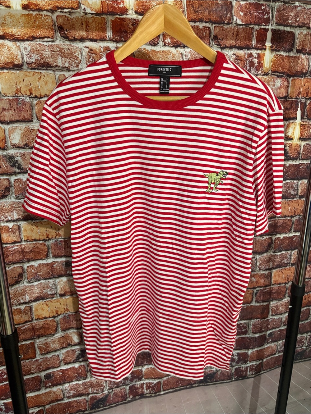 Forever 21 Red & White Striped Crewneck Tee with Embroidered Dinosaur large mens
